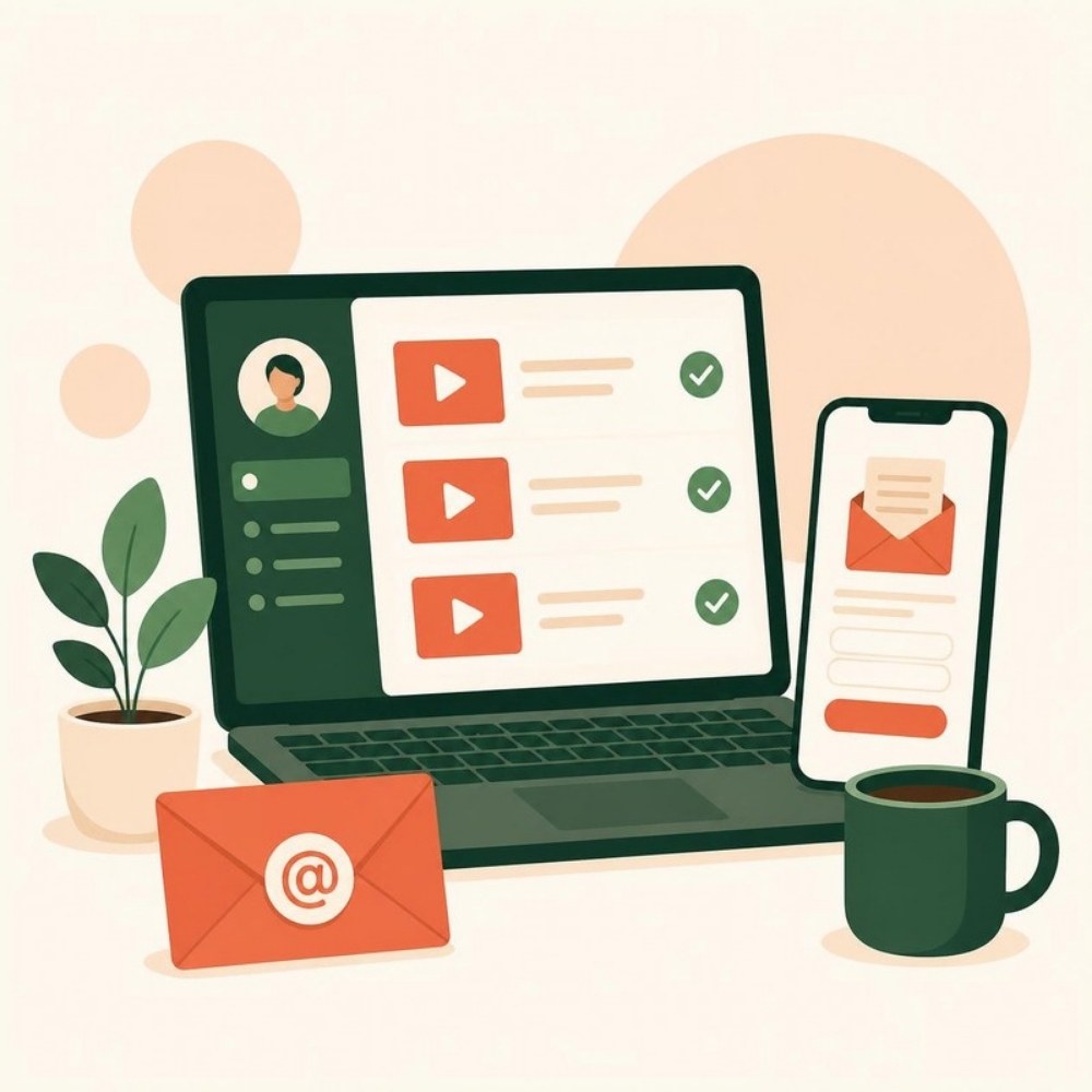Illustration of a laptop with an online course dashboard, a phone with an email signup form and an envelope
