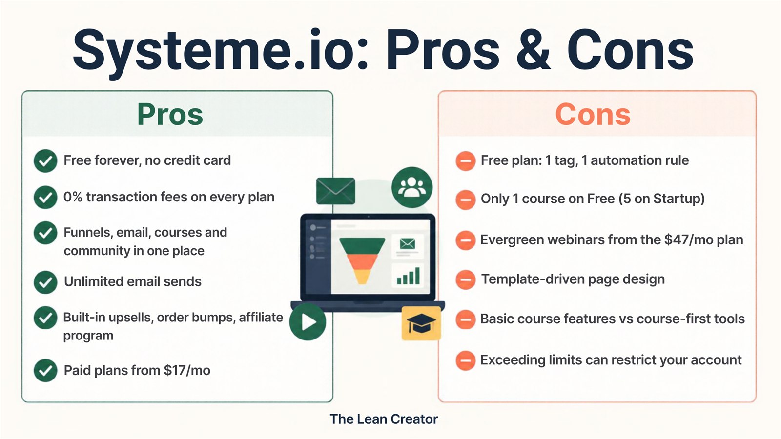Systeme.io pros and cons: free plan and 0% fees vs tight automation limits on the free tier